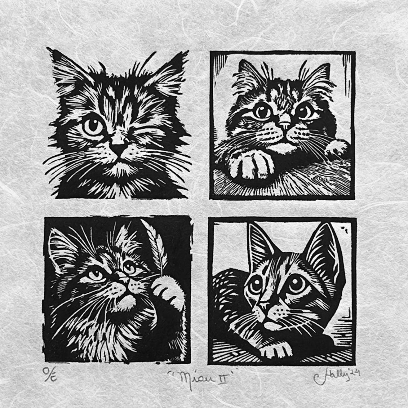 Four different cats, each with a distinct expression and plenty of cattitude, reflecting their unique personalities. This handmade black linocut print highlights a playful variety of feline moods, from curious to calm. A perfect gift for cat lovers.