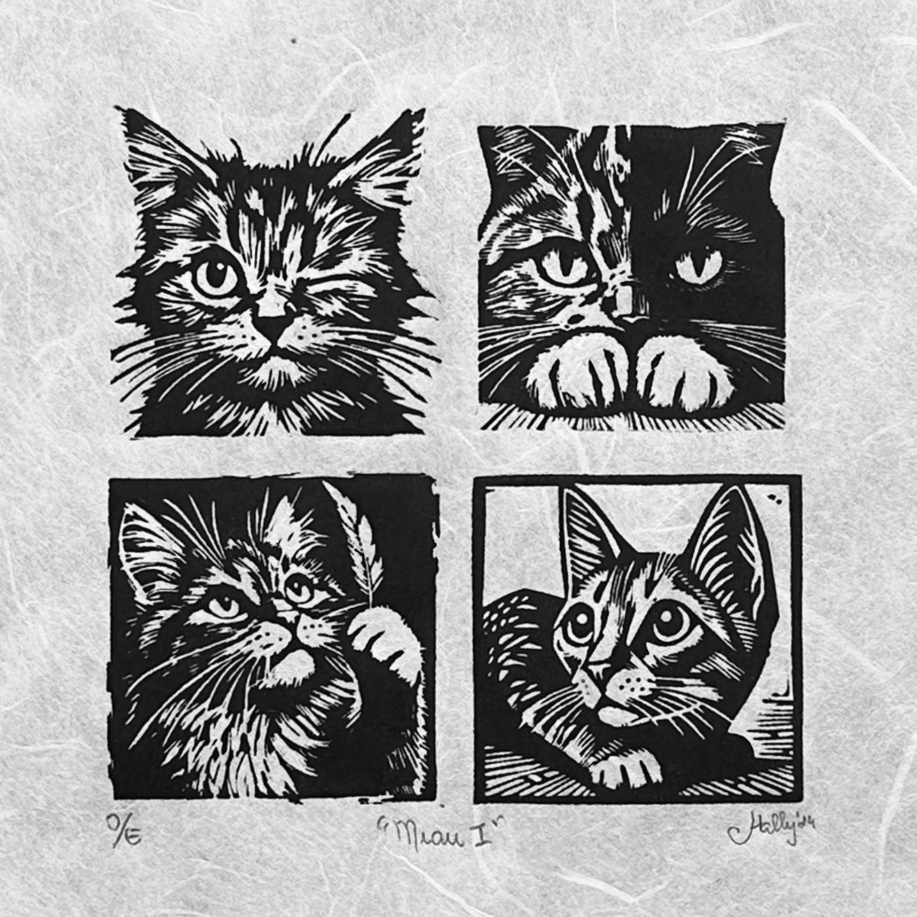 Four different cats, each with a distinct expression and plenty of cattitude, reflecting their unique personalities. This handmade black linocut print highlights a playful variety of feline moods, from curious to calm. A perfect gift for cat lovers.