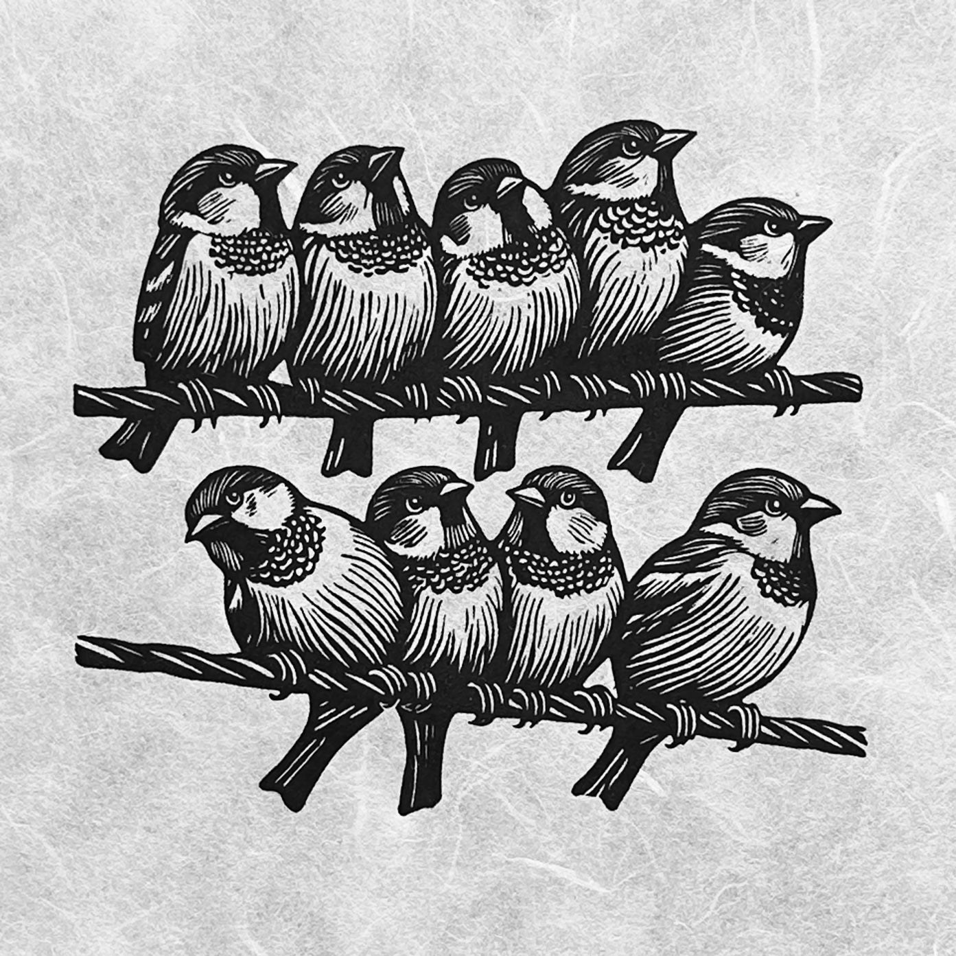 Nine sparrows on a wire, gossiping with each other, looking in all directions. perfect gift for bird lovers.