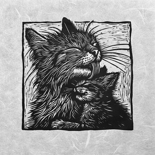 This is a handmade linocut print of a mother cat licking the head of their kitten, a sweet mother and child moment, perfect gift for your mother or if you are a cat lover.