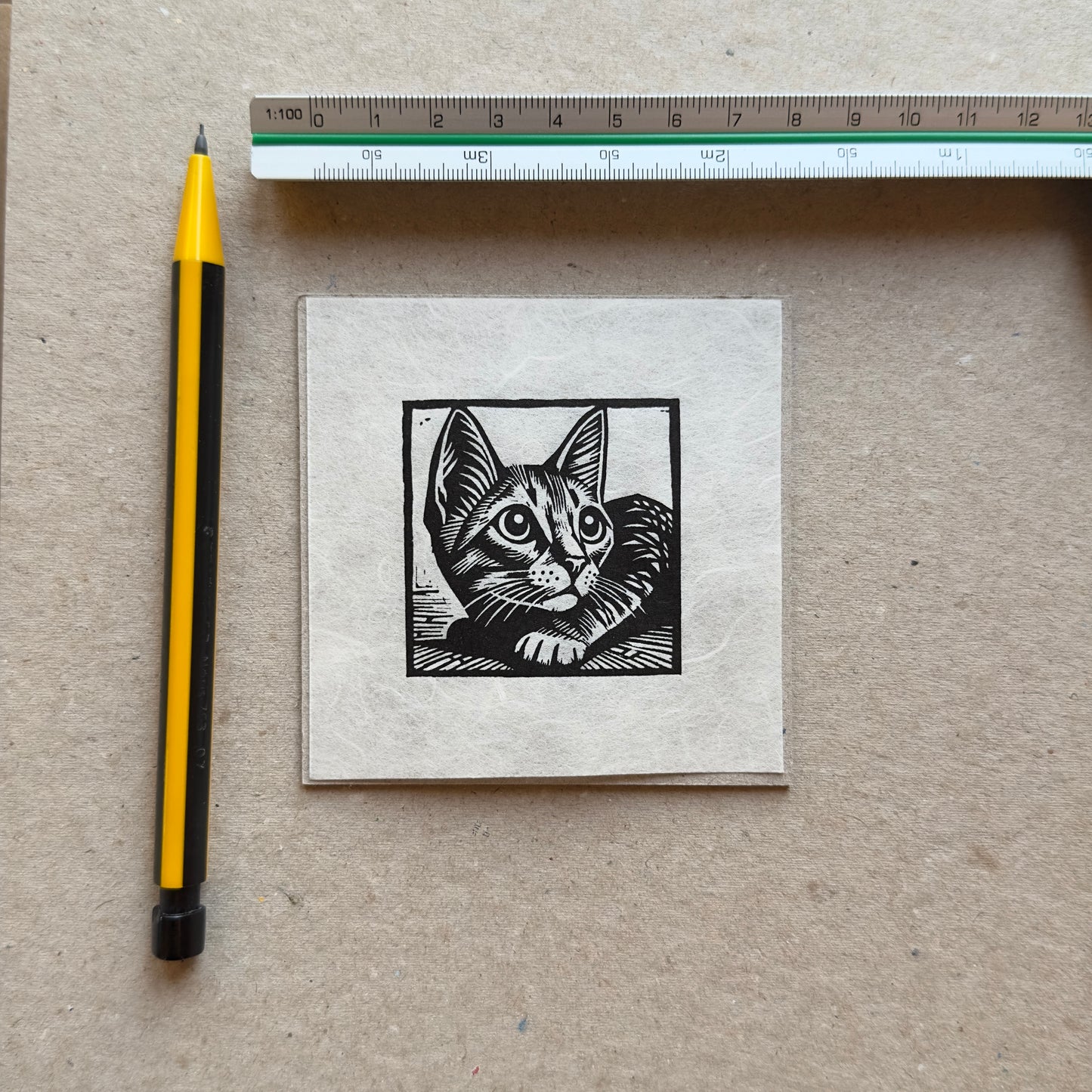 Mini Cat in Black - Original Handmade Linocut Print of a Cat