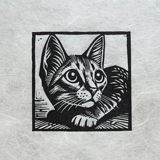 Mini Cat in Black - Original Handmade Linocut Print of a Cat