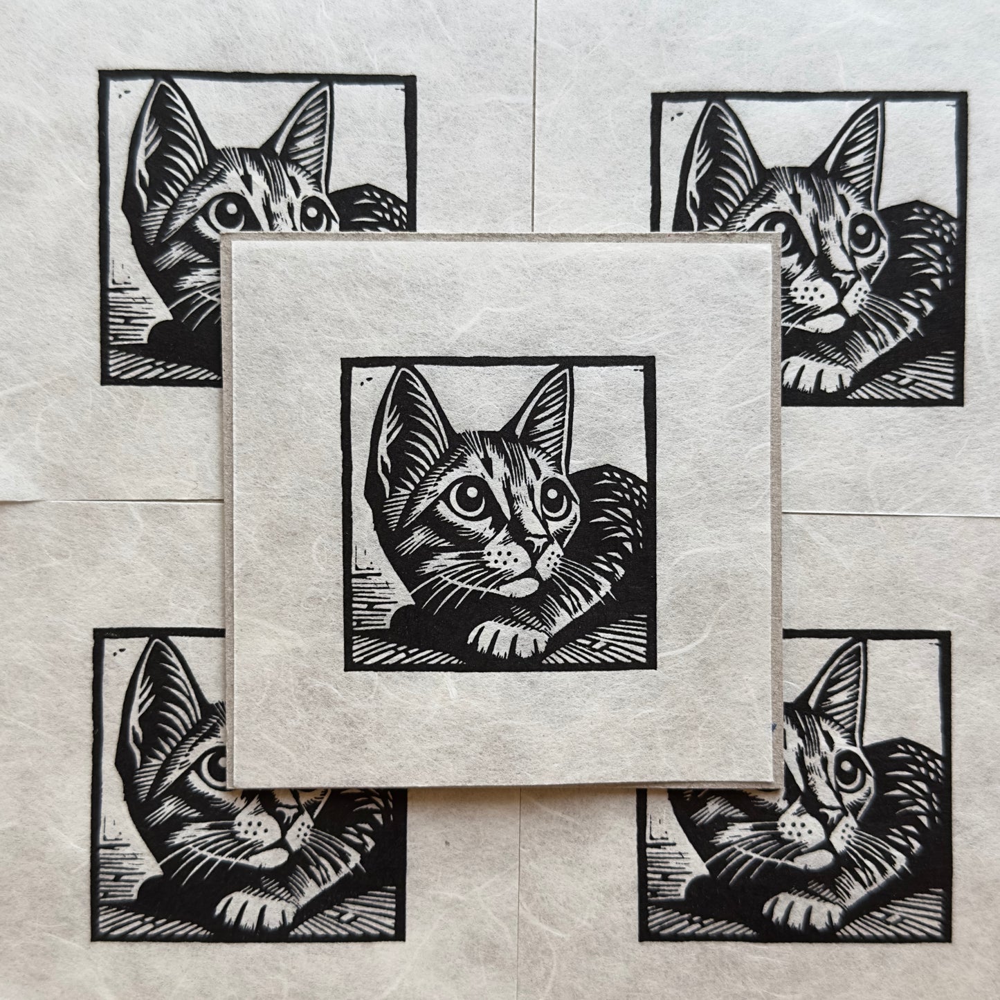 Mini Cat in Black - Original Handmade Linocut Print of a Cat