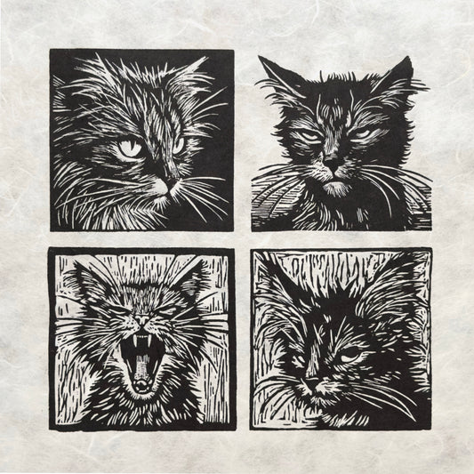 The Feline Four - Original Handmade Linocut Print of The Quartet of Cats