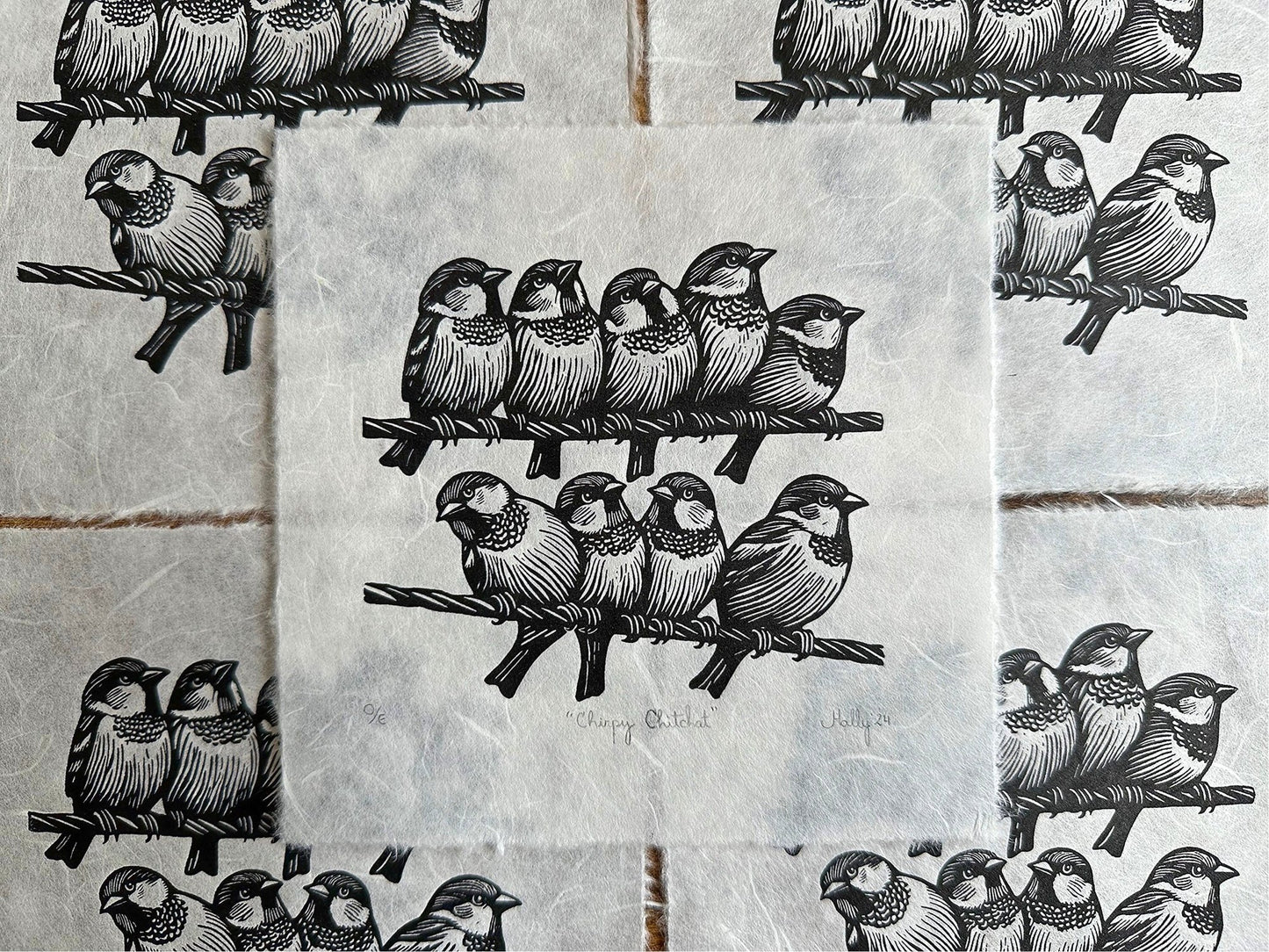 Nine sparrows on a wire, gossiping with each other, looking in all directions. perfect gift for bird lovers.