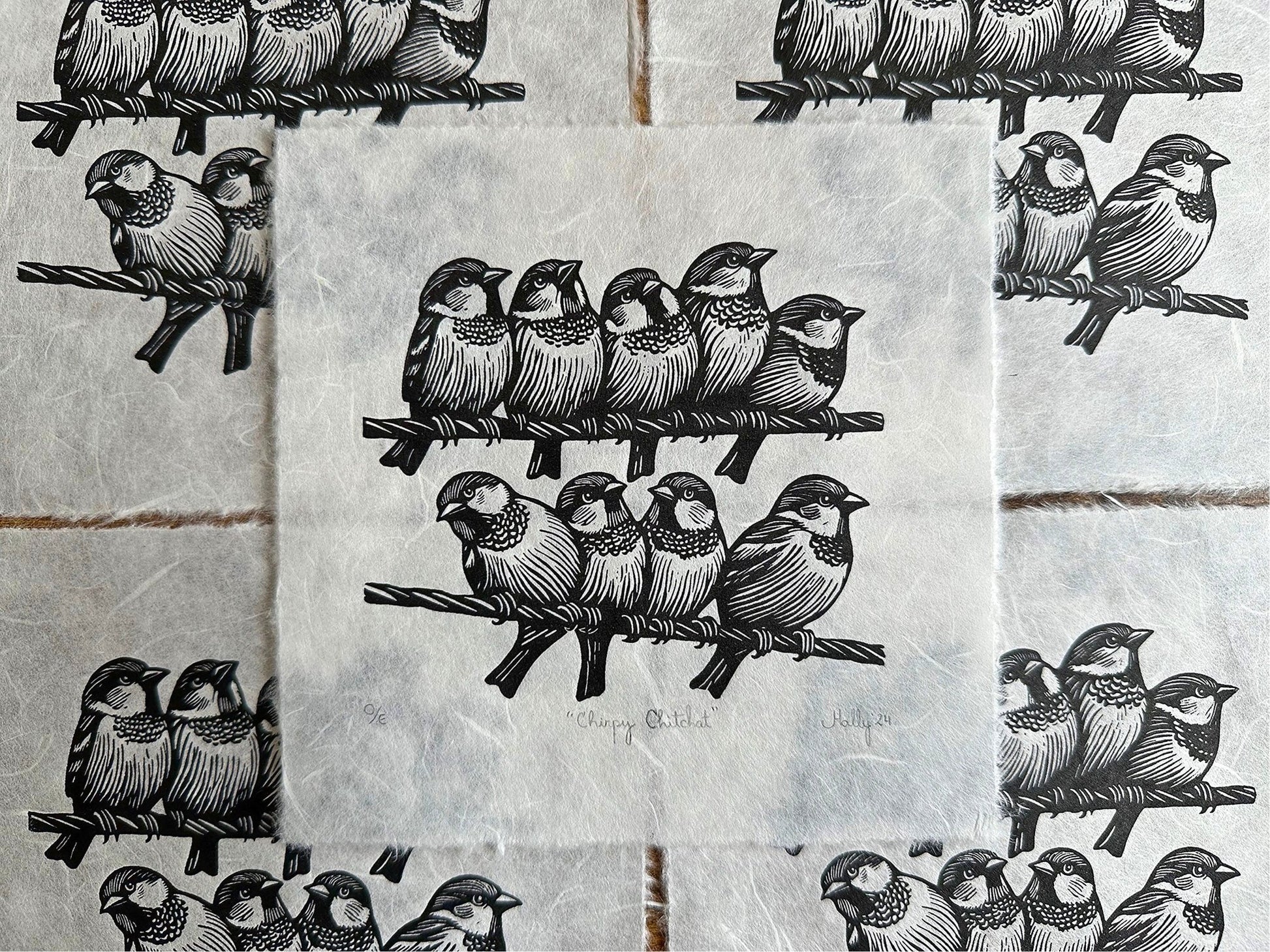 Nine sparrows on a wire, gossiping with each other, looking in all directions. perfect gift for bird lovers.