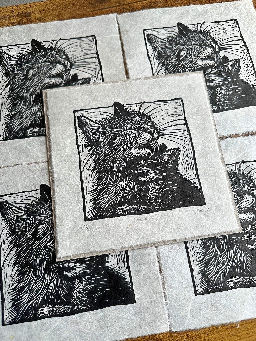 Mamma Cat - Original Handmade Linocut Print of Cat