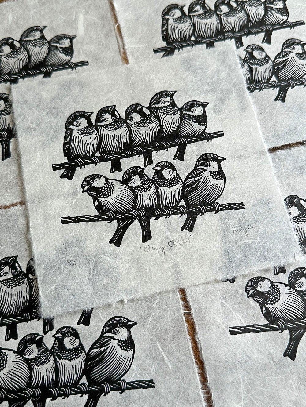 Chirpy Chitchat - Original Handmade Linocut Print of Sparrows on Telephone Wires