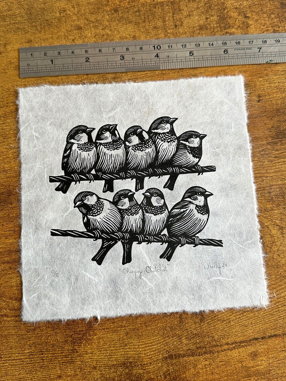 Chirpy Chitchat - Original Handmade Linocut Print of Sparrows on Telephone Wires