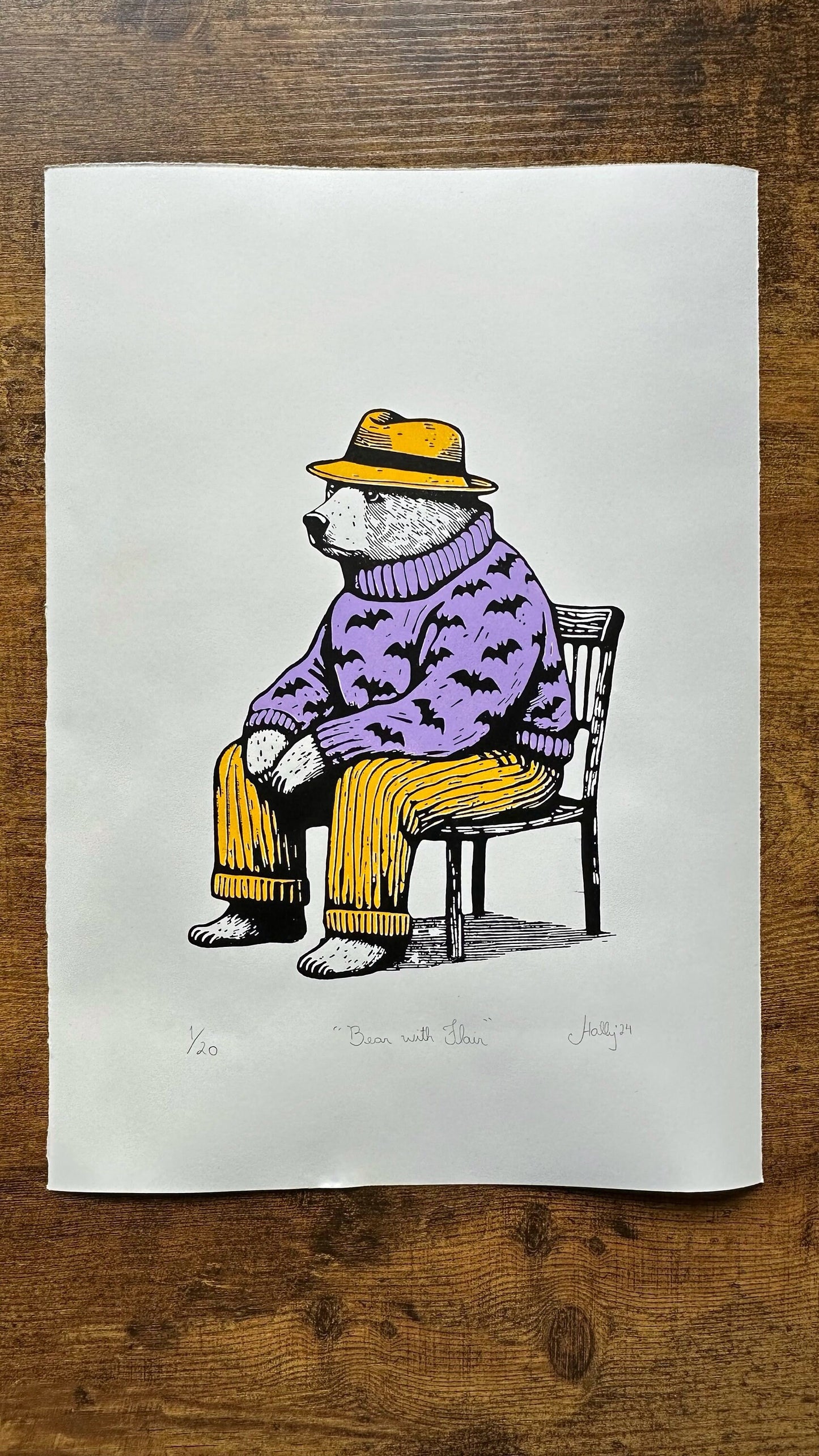 Bear with Flair - Original Handmade Linocut Print of a Bear