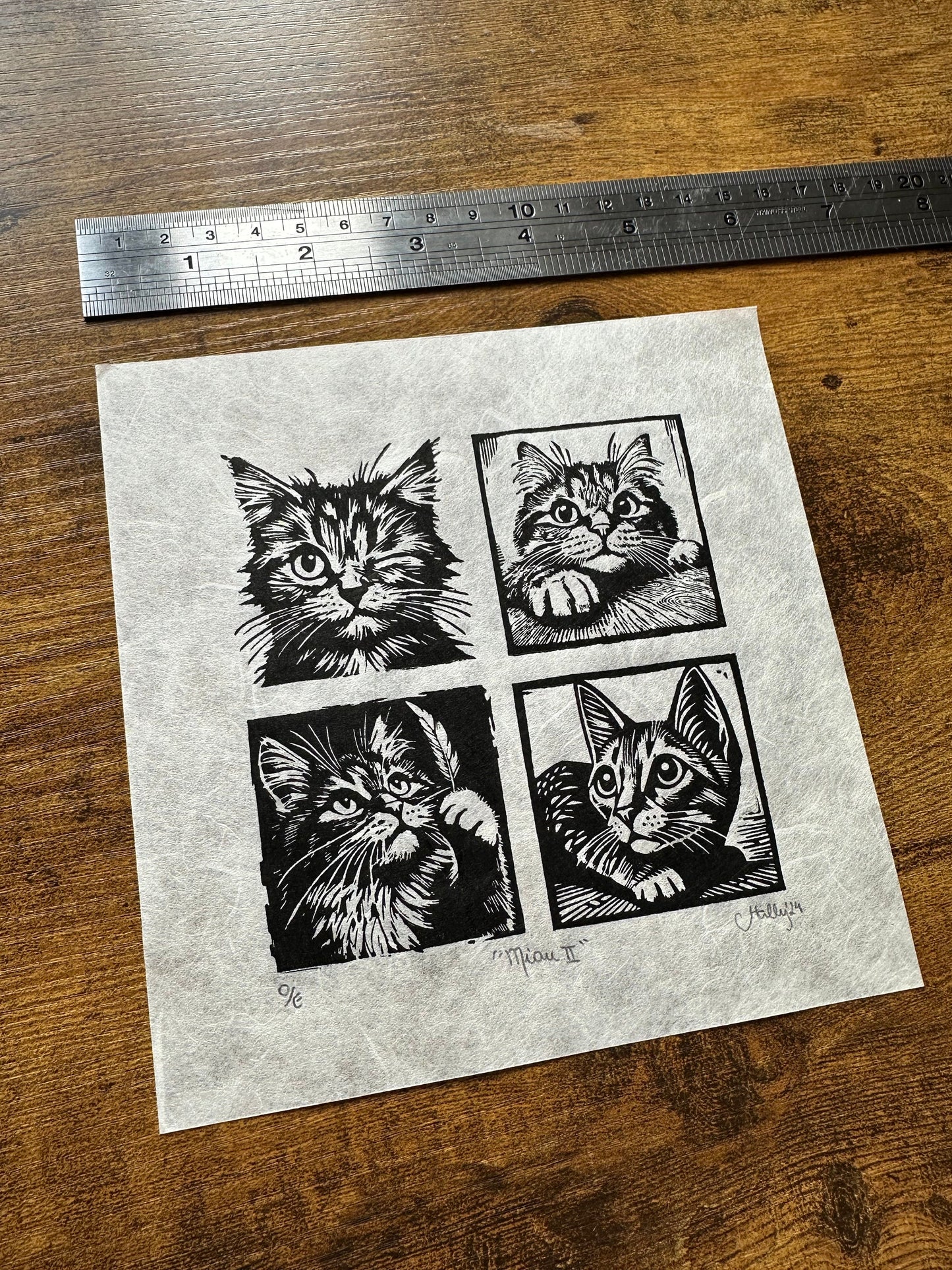 Miau II - Original Handmade Linocut Print of Cats