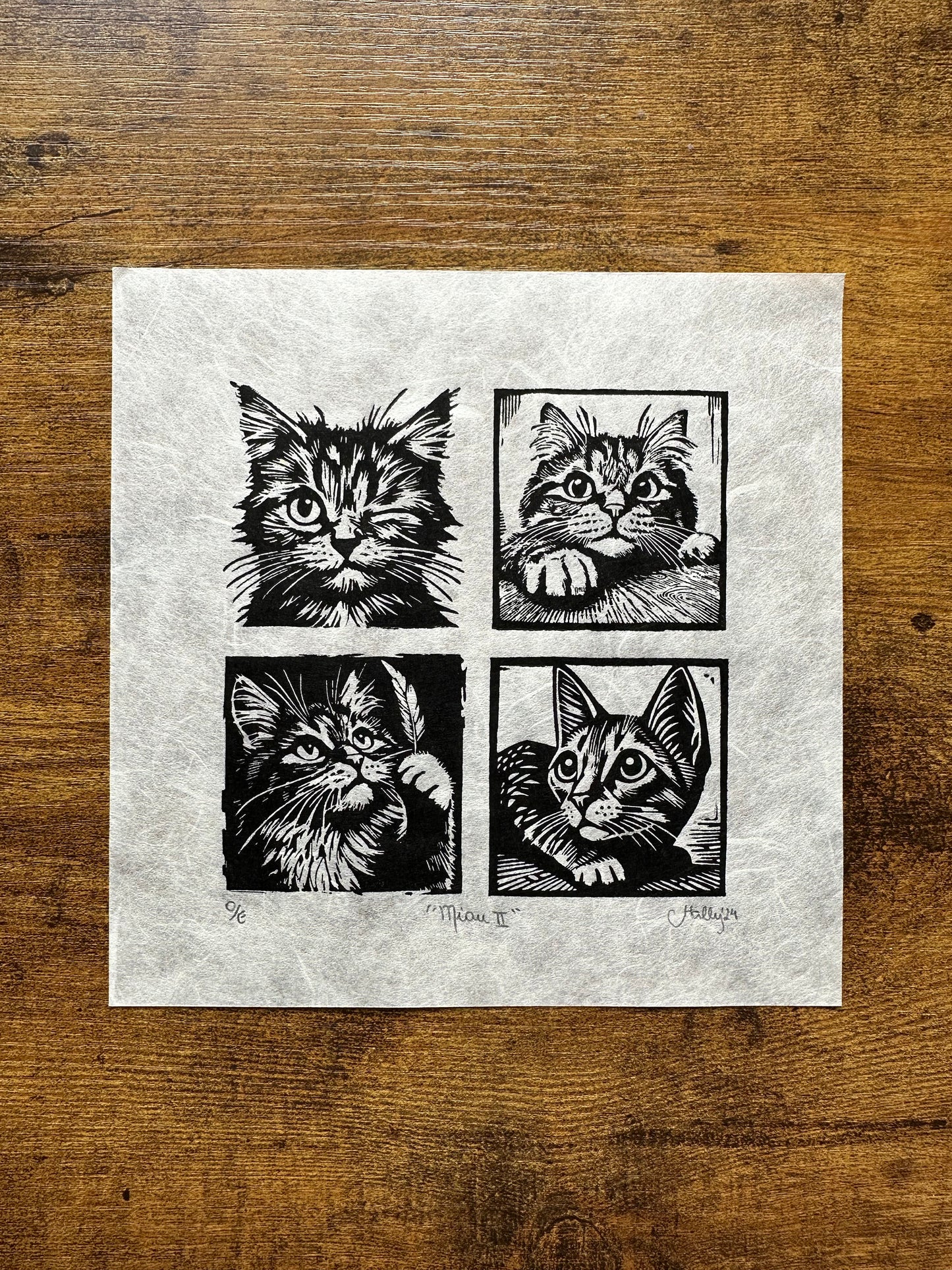 Miau II - Original Handmade Linocut Print of Cats