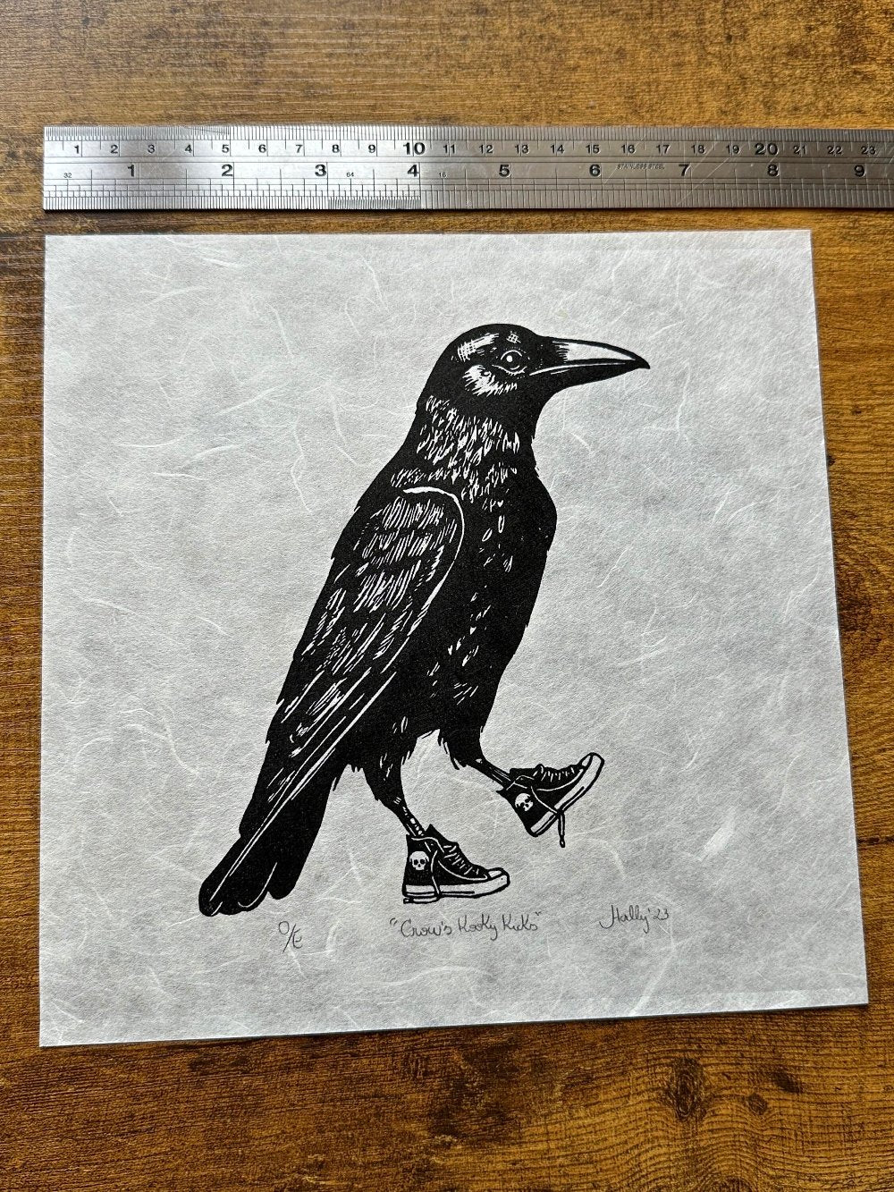 Crow’s Kooky Kicks - Original Handmade Linocut Print of a Crow