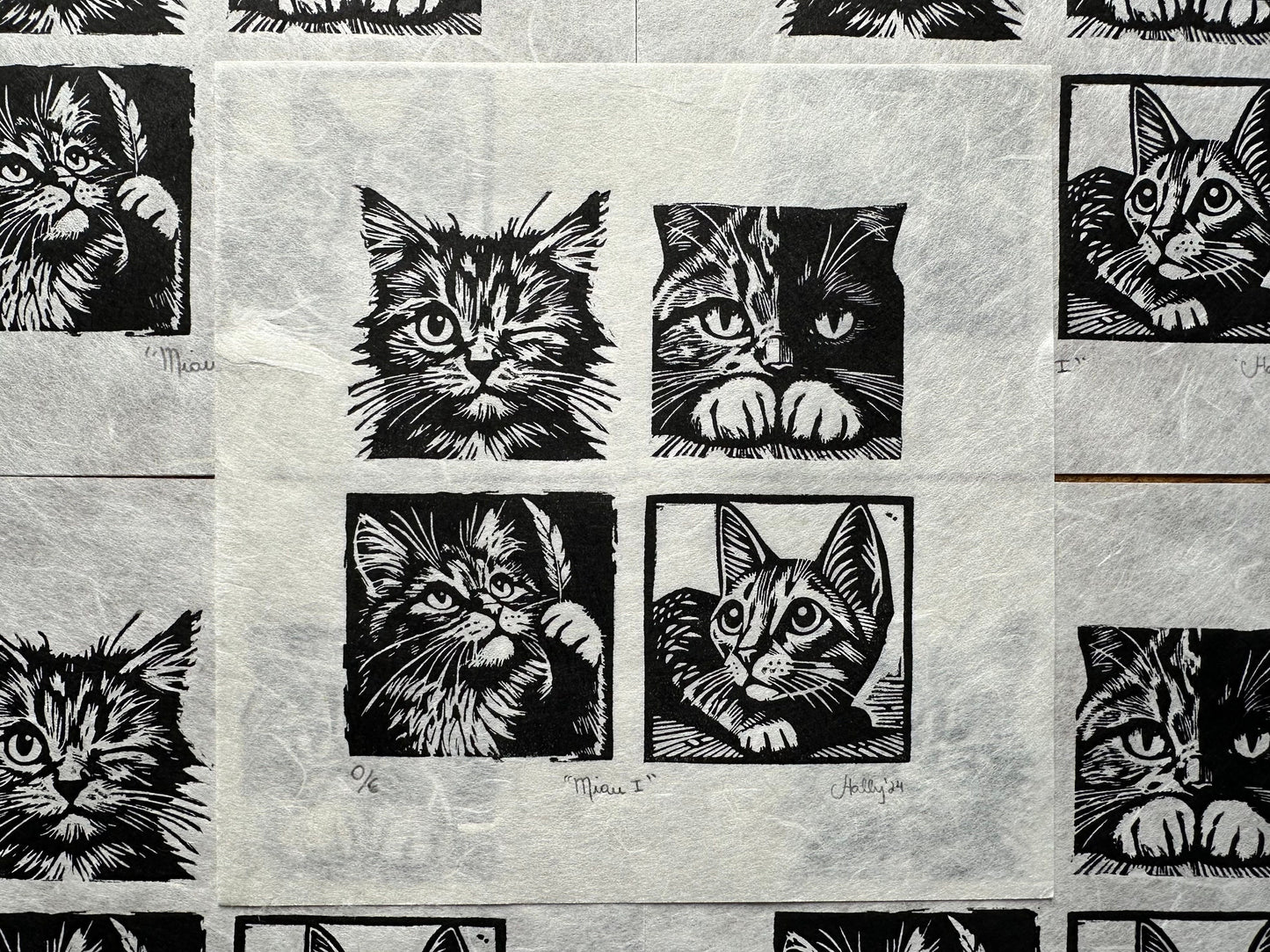 Miau I - Original Handmade Linocut Print of Cats