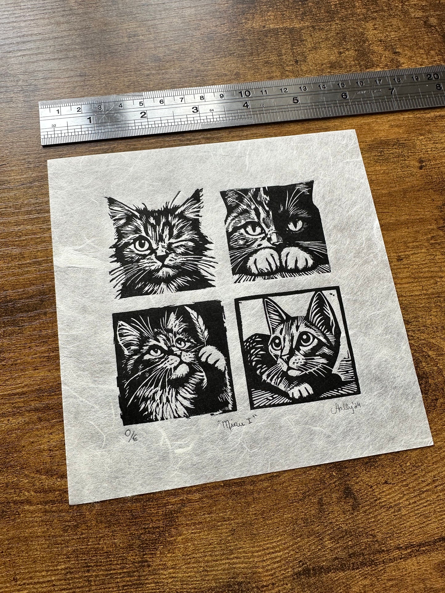 Miau I - Original Handmade Linocut Print of Cats