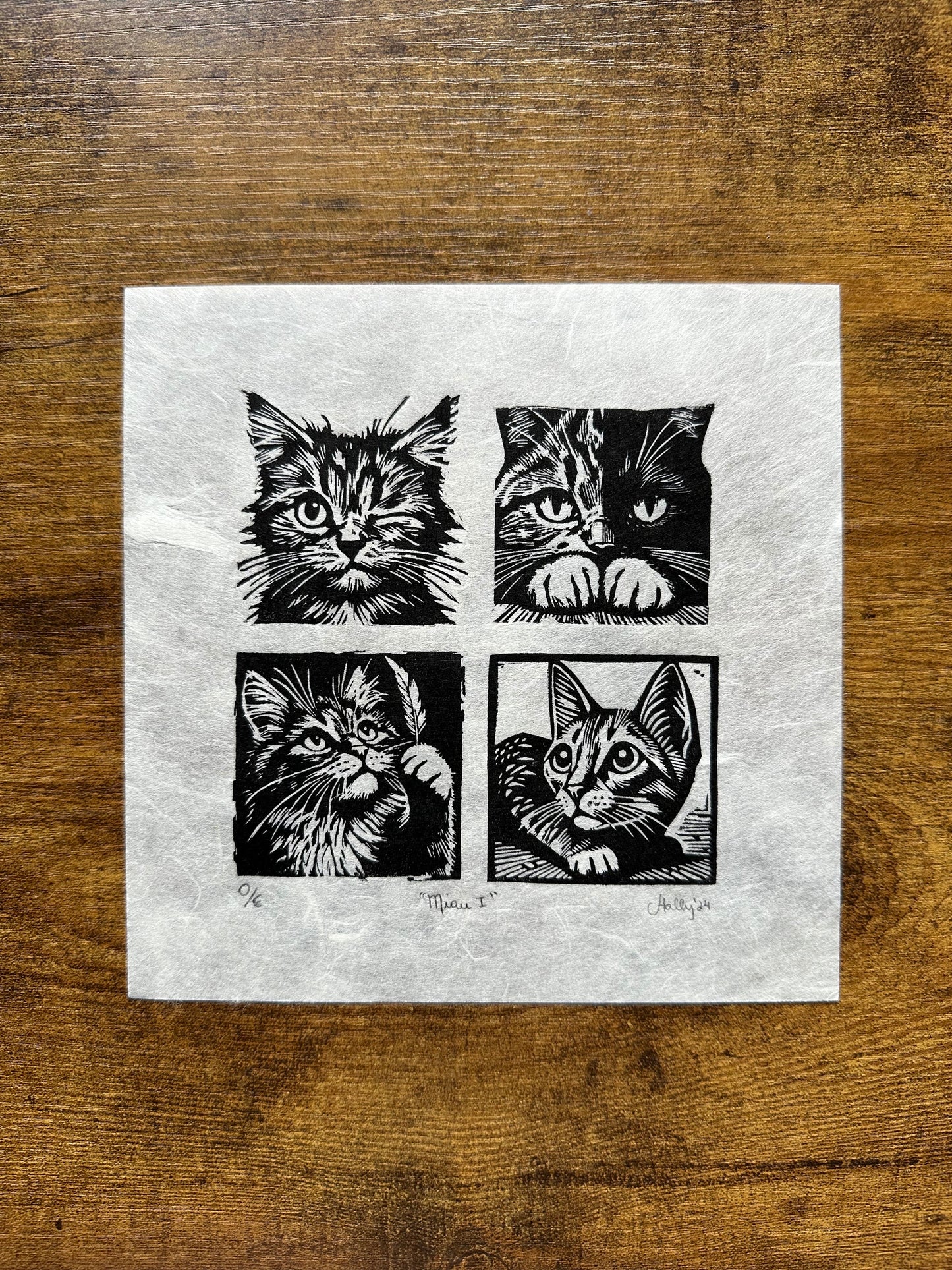 Miau I - Original Handmade Linocut Print of Cats