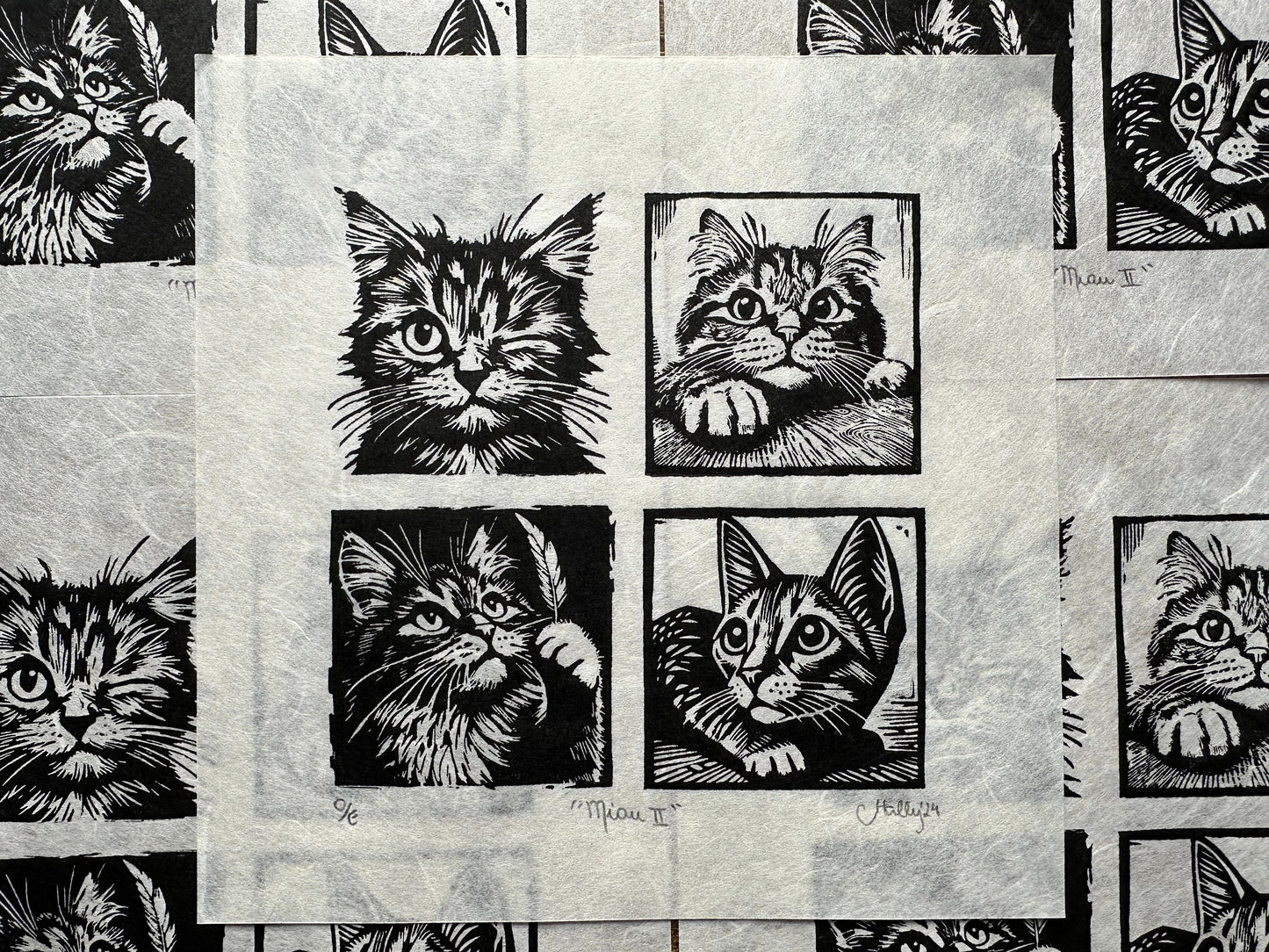 Miau II - Original Handmade Linocut Print of Cats