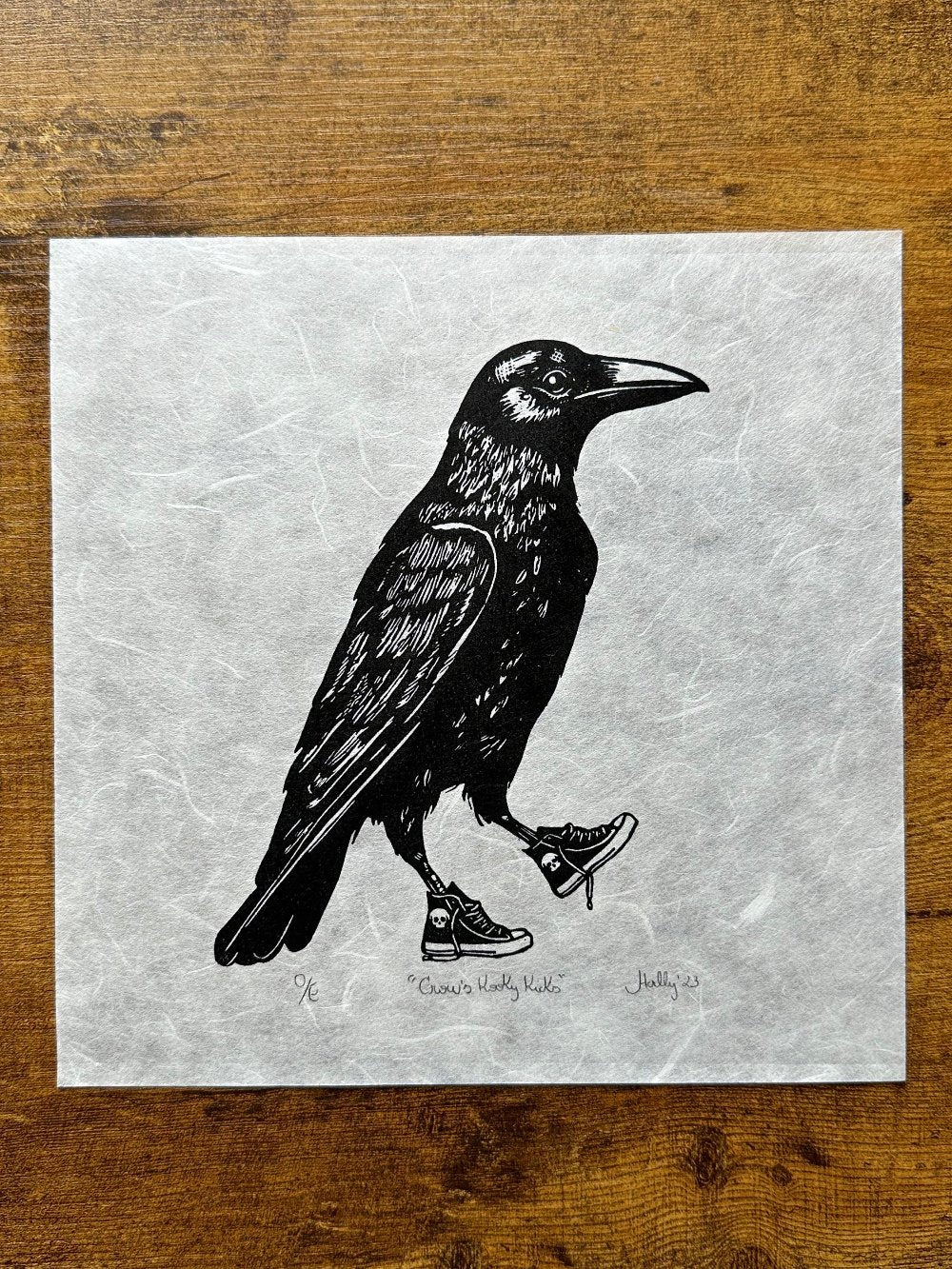 Crow’s Kooky Kicks - Original Handmade Linocut Print of a Crow